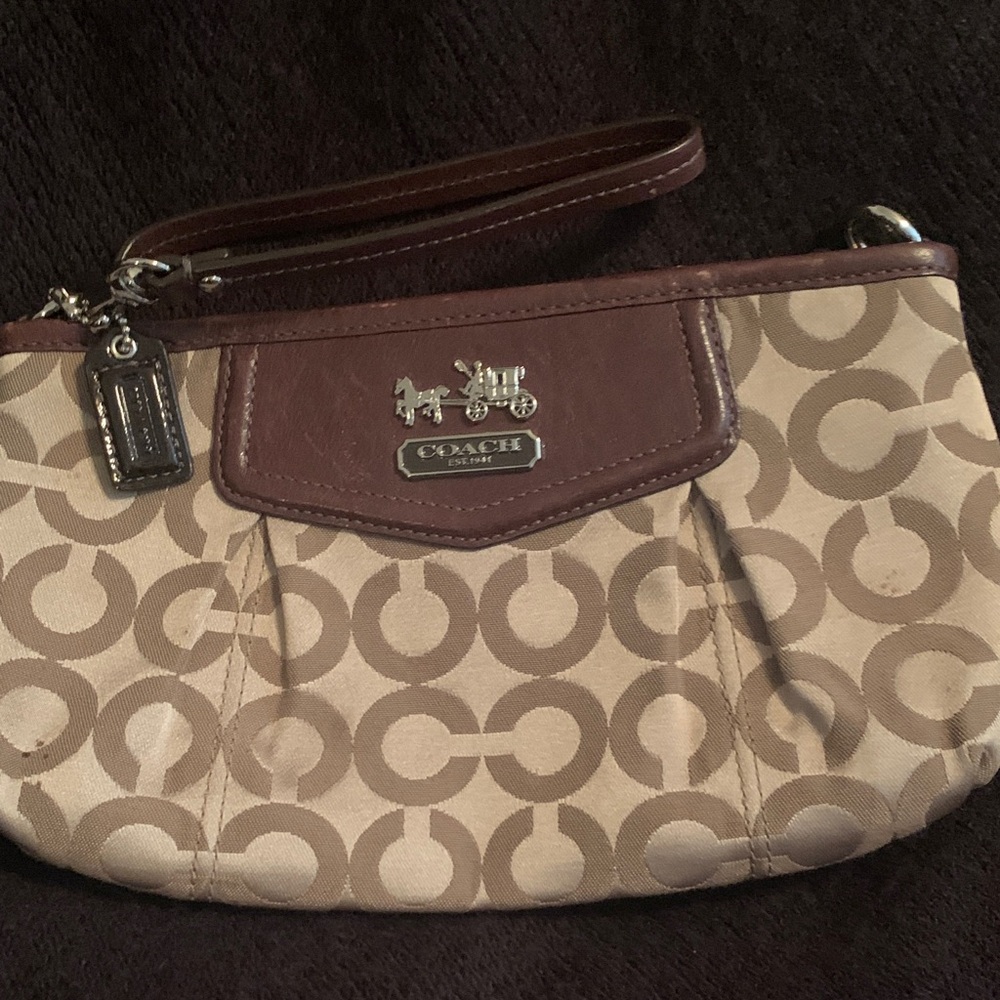 Coach Brown and Cream Circle Pattern Wristlet